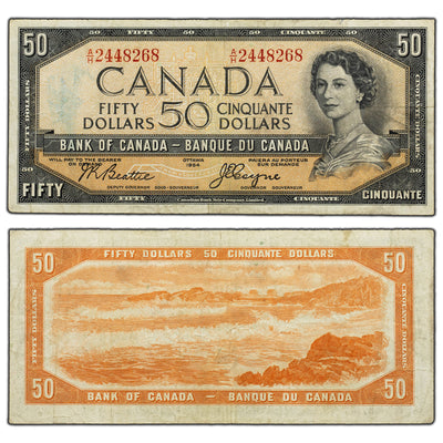 SOLD $50 1954 Bank of Canada Note Devil Face A/H Prefix BC-34b - Stain