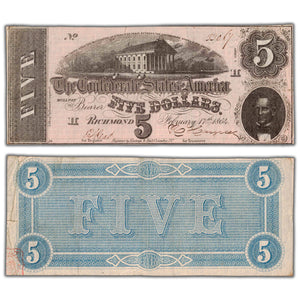 SOLD United States Confederate 1864 $5 Five Dollars Note T-69 - Small Edge Tear