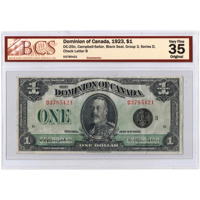 SOLD $1 1923 Dominion of Canada Note Campbell-Sellar Black Seal DC-25n - BCS VF-35