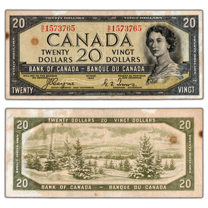 SOLD $20 1954 Bank of Canada Note Devil Face B/E Prefix BC-33a - VF (heavily stained)