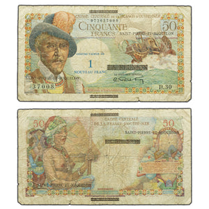 SOLD St. Pierre & Miquelon 1960 1 Nouveau Franc / 50 Franc P #30 - Pinholes/Tear