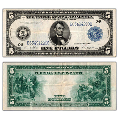 SOLD United States 1914 $5 New York Federal Reserve Note Fr #851a - VF+