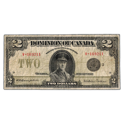 SOLD $2 1923 Dominion of Canada Note Black Seal Series V DC-26j - VG/F