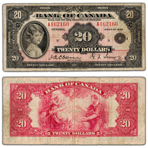 SOLD $20 1935 Bank of Canada Note English Text Small Seal BC-9b - Fine (small pinholes)