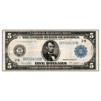 SOLD United States 1914 $5 New York Federal Reserve Note Fr #851a - VF+