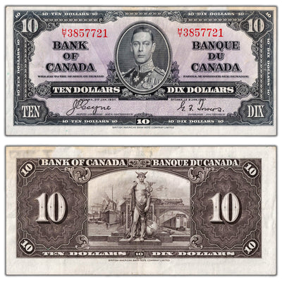 $10 1937 Bank of Canada Note Coyne-Towers H/T Prefix BC-24c - Abt. EF (stained)