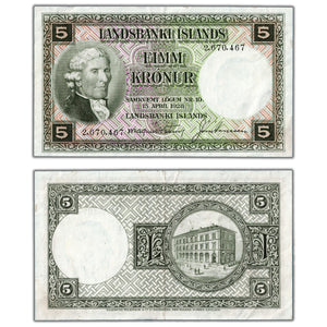 SOLD Iceland Landsbanki Islands 1928 (ND 1948-56) 5 Krónur Note P #32a - VF+/EF