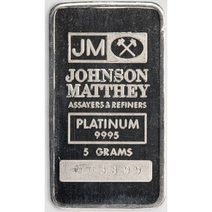 SOLD Johnson Matthey JM 5 Gram .9999 Platinum Bar - Scarce Issue