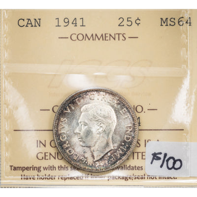 SOLD Canada 1941 25 Cents Quarter Silver Coin - ICCS MS-64