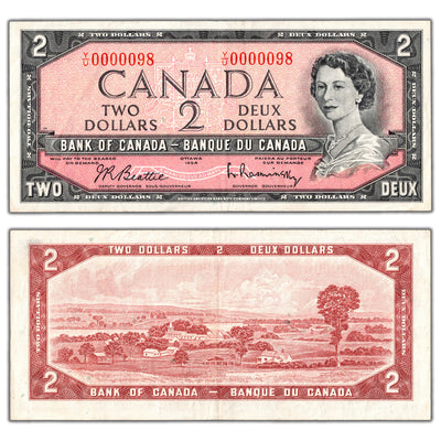SOLD $2 1954 Bank of Canada Note Y/U Prefix Low Serial #98 - VF+