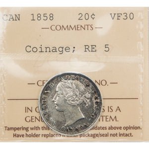 Canada 1858 Re-engraved 5 20 Cents Silver Coin - ICCS VF-30