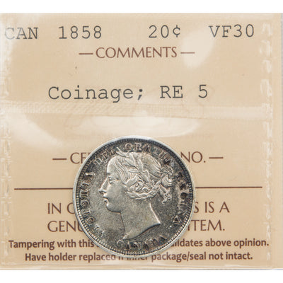 Canada 1858 Re-engraved 5 20 Cents Silver Coin - ICCS VF-30