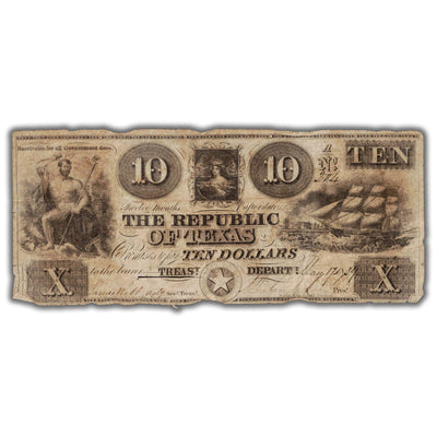 SOLD United States 1839 Republic of Texas $10 Note - Cut Cancelled