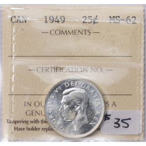 SOLD Canada 1949 25 Cents Quarter Silver Coin - ICCS MS-62