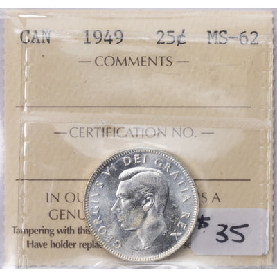 SOLD Canada 1949 25 Cents Quarter Silver Coin - ICCS MS-62