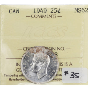 SOLD Canada 1949 25 Cents Quarter Silver Coin - ICCS MS-62