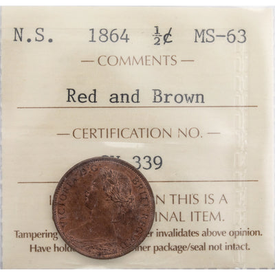 Nova Scotia 1864 1/2c Half Cent Coin - ICCS MS-63
