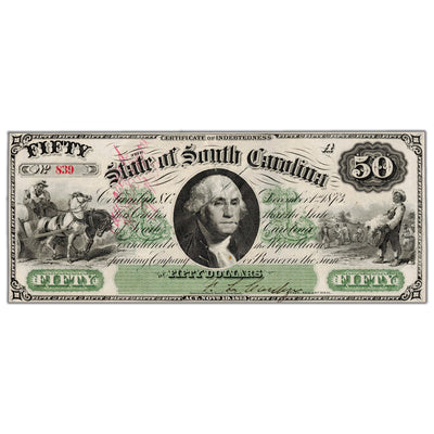 United States 1873 $50 State of South Carolina Note - Cut Cancelled
