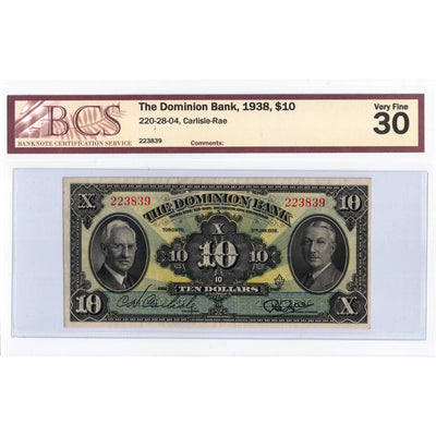$10 1938 The Dominion Bank Canada Chartered Note #220-28-04 - BCS VF-30