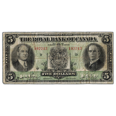 SOLD $5 1933 Royal Bank of Canada Chartered Note #630-16-02 - Pinholes