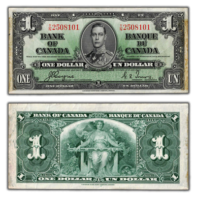 $1 1937 Bank of Canada Note Coyne-Towers T/N Prefix BC-21d - Tape Residue