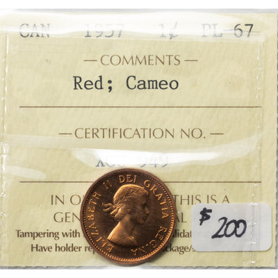 SOLD Canada 1957 1 Small Cent Coin - ICCS PL-67 Cameo