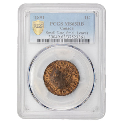 Canada 1891 Small Date Small Leaves 1 Large Cent Coin - PCGS MS-63 Red & Brown