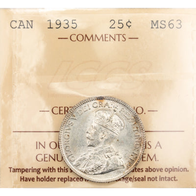 Canada 1935 25 Cents Quarter Silver Coin - ICCS MS-63