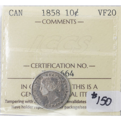 SOLD Canada 1858 10 Cents Dime Silver Coin - ICCS VF-20