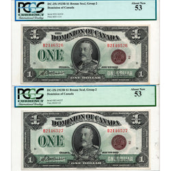 $1 1923 Dominion of Canada Note Bronze Seal Series B DC-25i - 2 Consecutive PCGS AU-53