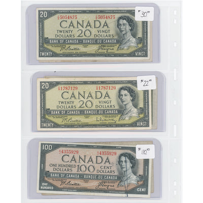 SOLD $10-100 1954 Bank of Canada Notes Modified Portrait - Lot of 6 - Retail $220