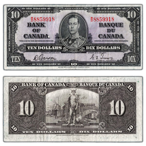 SOLD $10 1937 Bank of Canada Note Gordon-Towers W/D Prefix BC-24b - VF