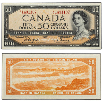 SOLD $50 1954 Bank of Canada Note Devil Face A/H Prefix BC-34a - VF