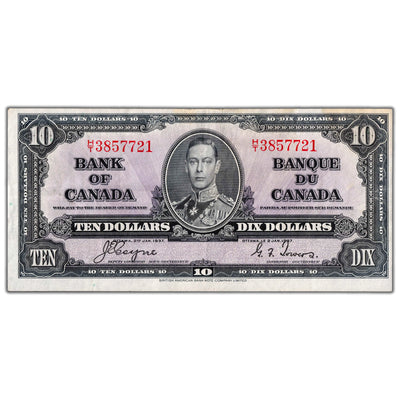 $10 1937 Bank of Canada Note Coyne-Towers H/T Prefix BC-24c - Abt. EF (stained)