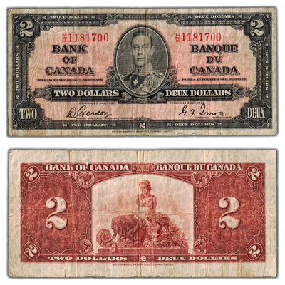 $2 1937 Bank of Canada Note Gordon-Towers H/B Prefix BC-22b - Edge Tear