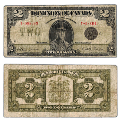 SOLD $2 1923 Dominion of Canada Note Black Seal Series T DC-26j - VG/F