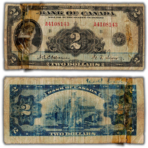 SOLD $2 1935 Bank of Canada Note English Text BC-3 - Damaged/Tape Repaired