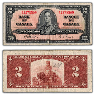 $2 1937 Bank of Canada Note Gordon-Towers X/B Prefix BC-22b - Writing