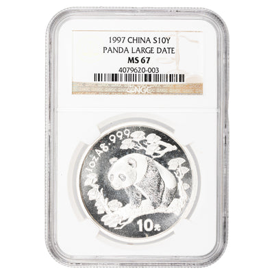 China 1997 Large Date 10 Yuan 1oz .999 Fine Silver Panda Coin - NGC MS-67