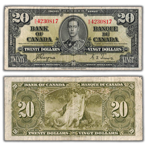 SOLD $20 1937 Bank of Canada Note Coyne-Towers K/E Prefix BC-25c - Rough Corner