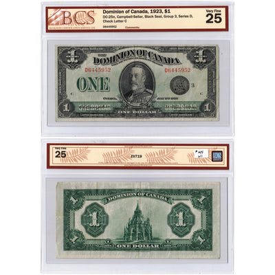 $1 1923 Dominion of Canada Note Campbell-Sellar Black Seal DC-25n - BCS VF-25