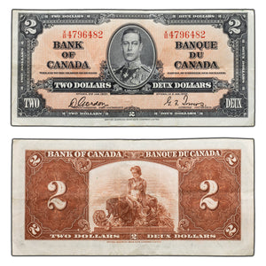 SOLD $2 1937 Bank of Canada Note Gordon-Towers X/B Prefix BC-22b - VF