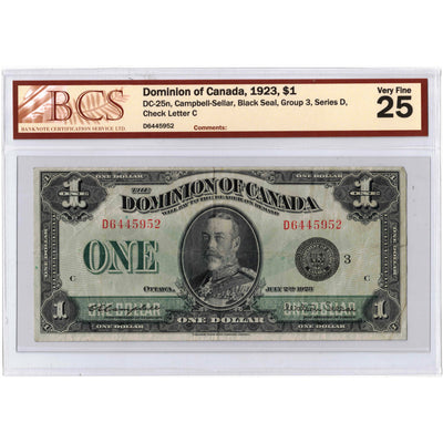 $1 1923 Dominion of Canada Note Campbell-Sellar Black Seal DC-25n - BCS VF-25