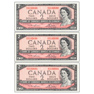 SOLD $2 1954 Bank of Canada Notes S/G Prefix BC-38d - 3 Consecutive Choice UNC