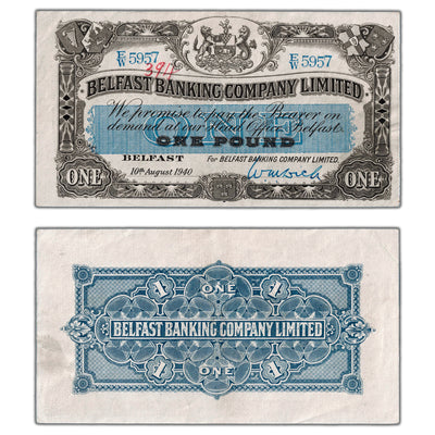 SOLD Ireland Belfast Banking Company Ltd 1940 1 One Pound Note P #126b - VF/EF
