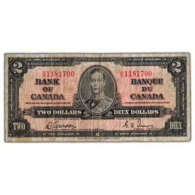 $2 1937 Bank of Canada Note Gordon-Towers H/B Prefix BC-22b - Edge Tear