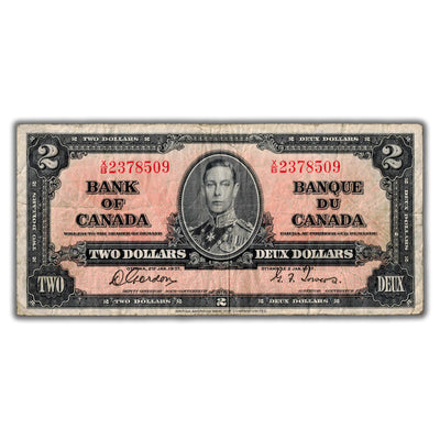$2 1937 Bank of Canada Note Gordon-Towers X/B Prefix BC-22b - Writing