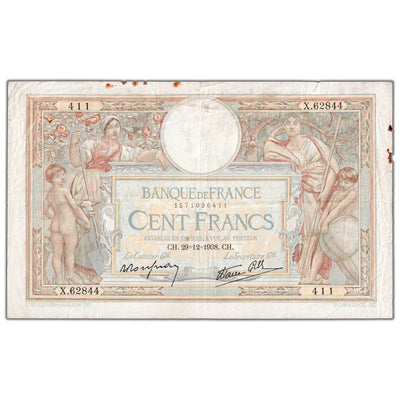 France 1938 100 Francs Note P #86b - Rust