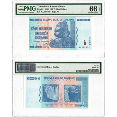 SOLD Zimbabwe 2008 100 Trillion Dollars Note P #91 - PMG UNC-66 EPQ