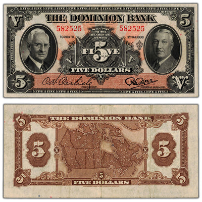 $5 1938 The Dominion Bank Canada Chartered Note #220-28-02 - VF+